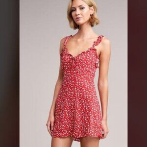 NWT JAPNA Frill Boho Ruffle Straps Ditsy Print Smocked Bodycon Mini Dress Red S